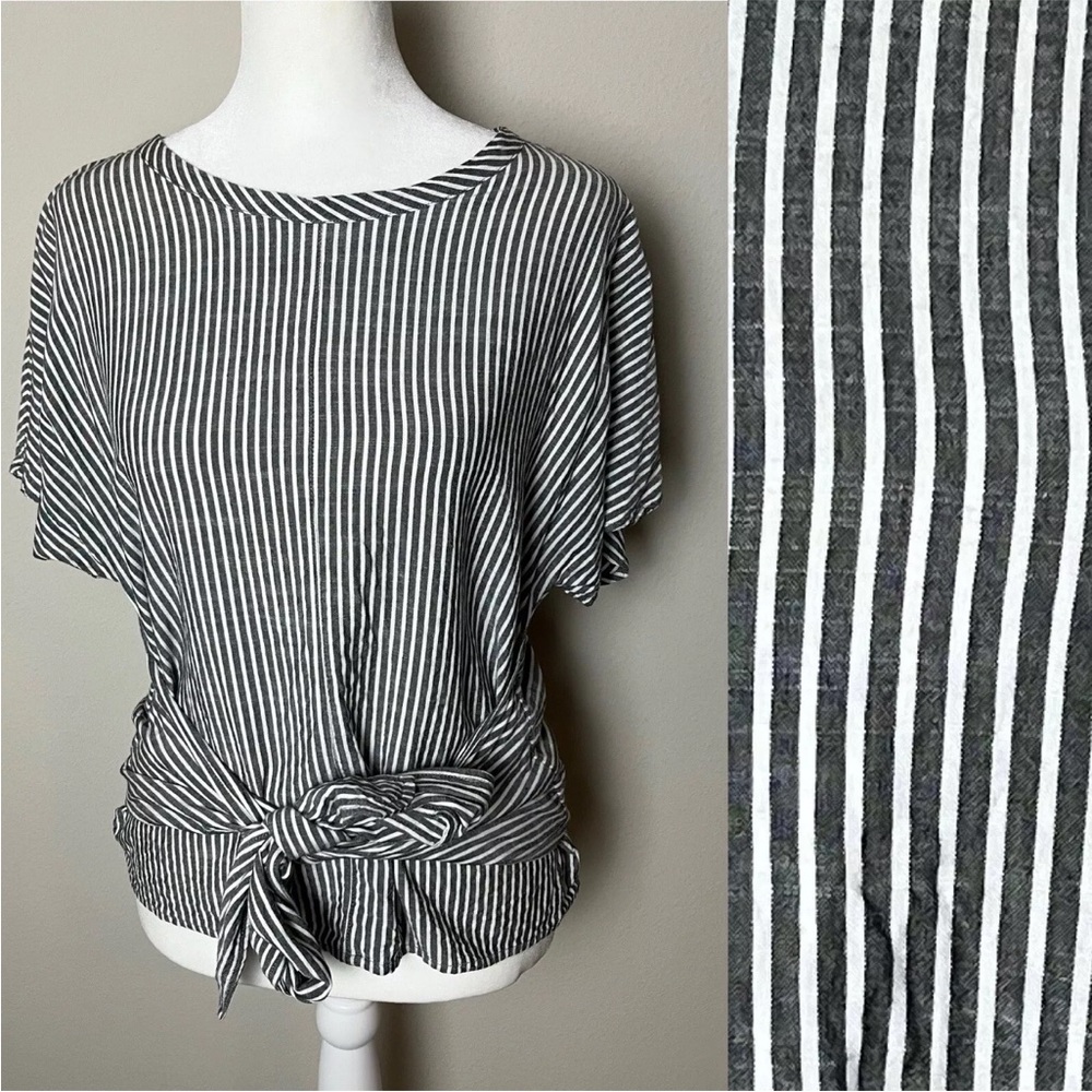 Collective Concepts Blouse Size Large Top Short Sleeves Tie Waist Stripes Gray